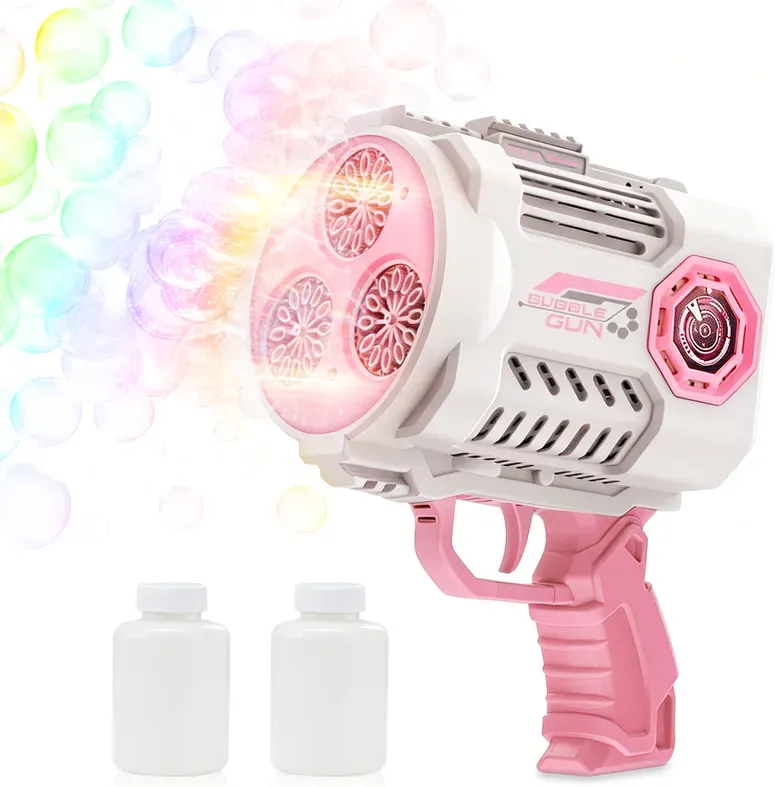 TOKKY Elektrische Kinder-Seifenblasenpistole, 36-Loch, hohe Blasendichte, auslaufsicher, große Kapazität, bunte Lichter, mit Ersatzflüssigkeit, einfach zu installierendes Outdoor-Spielzeug - Rosa