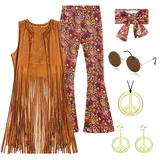 Disco Hippie 70er Jahre Verkleidung - Damen Fransenweste & Schlaghose Zubehör - Erwachsenenkostüm Halloween (XL)