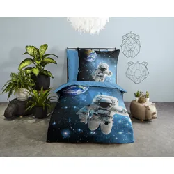 Kinderbettwäsche GOOD MORNING "Astronaut", blau, B/L: 135cm x 200cm, , Renforcé, B/L: 80cm x 80cm, Renforcu00e9, Obermaterial: 100% Baumwolle, Bettwäsche, Baumwolle, 135x200, Reißverschluss, Wende, Kind, Junge, Weltall, Blau