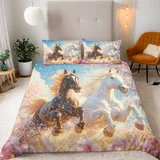 Generisch Kirschblüte Tier Pferd Bettwäsche 135X200 cm Kinder Junge Mädchen 3D Effekt Bettbezug Jugendliche Bettwäsche-Set Mikrofaser Bettbezug Mit Reißverschluss Und 2 Kissenbezug 80X80Cm