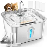 UPAWPIA 4L Katzenbrunnen Edelstahl mit 3 Filtern Trinkbrunnen für Katze Katzenbrunnen für Katzen mit Wasserstandsfenster Ultra leise Wasserbrunnen für Katzen Cat Fountain Stainless Steel mit LED Licht