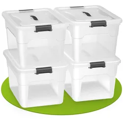 Juskys Aufbewahrungsbox mit Deckel - 4er Set Kunststoff Boxen 30l - Box stapelbar, transparent