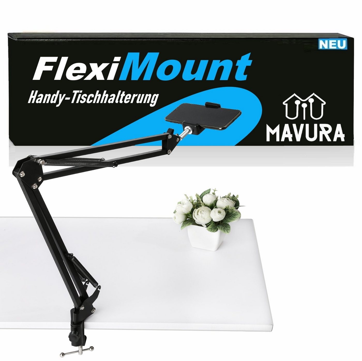 MAVURA FlexiMount Universal Smartphone Tablet Tischhalter Tablet-Halterung, (Handy Mikrofon Bett & Tischhalterung 360° verstellbar) schwarz