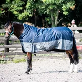 Regendecke Winterdecke Turnout 100% Wasserdicht 600D mit Fleece Highneck Multi Farbe Navy/Grau - 155cm