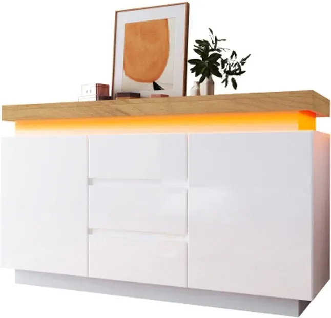 Kommode, Hochglanz Sideboard mit 2 Türen und 3 Schubladen, LED Beleuchtung (App Control), Mehrzweckschrank für Wohnzimmer und Schlafzimmer, 81 x 140 x 39 cm, Weiß