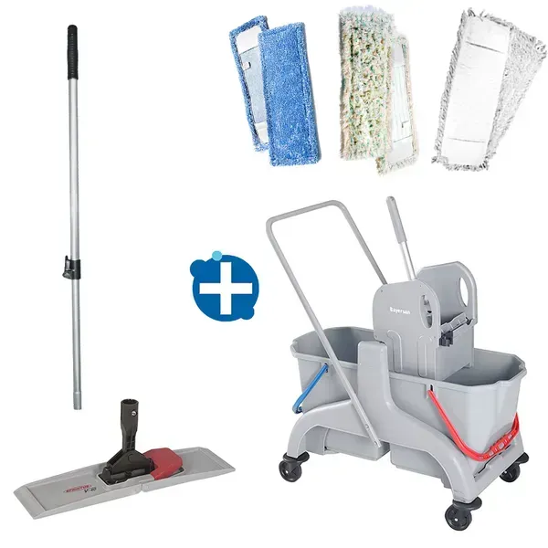 Reinigungswagen Bayersan Profi Set 1 aus Doppelfahrwagen 2x25 L, Klapphalter, Telestiel, Möppe