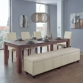 Mendler Garnitur Sitzgruppe Bank mit Aufbewahrung Kriens XXL+4 Stühle Littau, Kunstleder/Leder FSC®-zertifiziert ~ creme