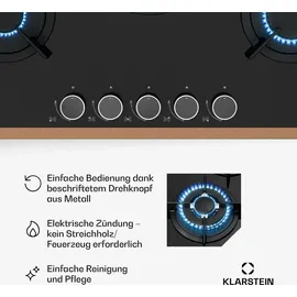 Klarstein Gaskochfeld, 5-Brenner Kupferrahmen, 10,4 kW, Elektrische Zündung, FFD-Sicherheit, Glasoberfläche, Gusseiserne Topfträger, L... - Braun