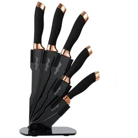 Cheffinger 6 tlg. Messerset Kochmesser Messerständer drehbar Messerblock Schwarz-Gold