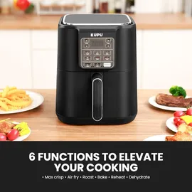 KUPU Heißluftfritteuse, 6L Airfryer, 360°Luftzirkulationstechnologie, 6-in-1 Kompakte Heissluftfritteuse, spülmaschinenfeste Körbe, 1500W - Schwarz