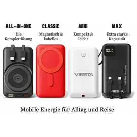 Viesta Viesta® Mini Powerbank 9.000 mAh Schwarz – 22,5 W Schnellladen, Pd 20w, USB-C Ein-/ausgang, Usb-a Ausgang, Led-anzeige – kompakt für unterwegs