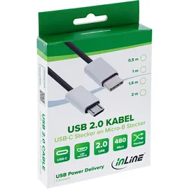 InLine InLine® USB 2.0 Kabel, USB-C ST an Micro-B ST, schwarz/Alu, flexibel, 0,5m