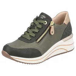 Keilsneaker REMONTE, Damen, Gr. 40, grün (khaki kombiniert), Leder, Lederimitat, sportlich, Schuhe, mit praktischem Wechselfußbett, Freizeitschuh, Halbschuh, Schnürschuh