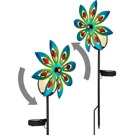 GLOBO Gartendeko Windrad LED Solarleuchte, Glaskugel, bunt Außenlampe Erdspieß, Metall kupferfarben, Bruchglas, warmweiß, 2er Set