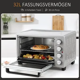 Homcom Minibackofen 32L 1600W Elektrischer Mini Ofen mit Schlackenauffangwanne Metall Edelstahl Glas Silber 52,2 x 38,1 x 33,5 cm