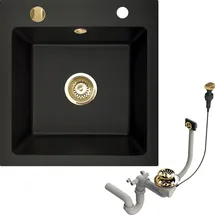 Faizee Möbel Granitspüle Küchenspüle Granit Siphon Gold Einbauspüle Spülbecken Spüle 48x50cm Schwarz