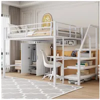 Flieks Hochbett Metallbett 140x200cm mit Kleiderschrank Schreibtisch Stauraumtreppe weiß