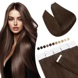 Elailite Echthaar Extensions Tape Braun, 20 stück Mini Tape Invisible Kleber, 50cm Haarverlängerung Real Human Hair 50g #04 Schokobraun