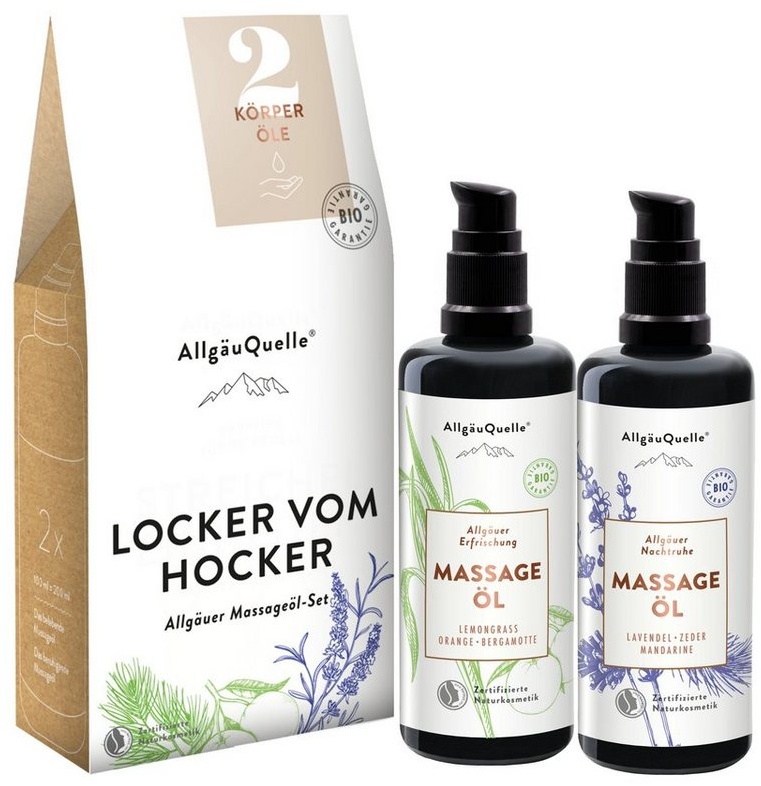 Allgäuquelle Körperöl Bio Massageöl-Set Locker vom Hocker, 2x100ml mit Lemongrass, Orange, Bergamotte, Lavendel, Zeder, Mandarine