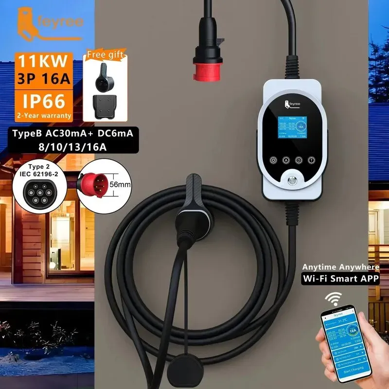 feyree Typ 2 EV-Ladegerät 11 kW 16 A 3‐phasig, tragbares Kfz-Ladegerät, WLAN‐App‐Steuerung, EVSE-Ladegerät, Ladestation für Elektroauto