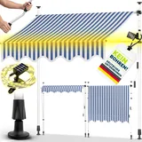 tillvex Klemmmarkise mit Handkurbel & LED Lichterkette Balkon | Balkonmarkise ohne Bohren | Markise UV-beständig & höhenverstellbar | Sonnenschutz Terrasse & Garten wasserdicht (Blau-Weiß, 200cm)