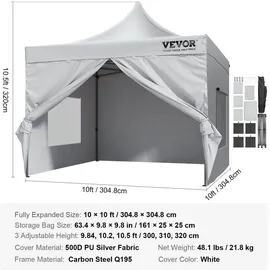Vevor Pavillon 304,8x304,8x320cm Gartenzelt 500D PU-Silber-Gewebe Faltpavillon höhenverstellbar inkl. Aufbewahrungstasche Partyzelt 6-8 Personen Pop up Zelt Weiß Gartenpavillon für Campingausflug