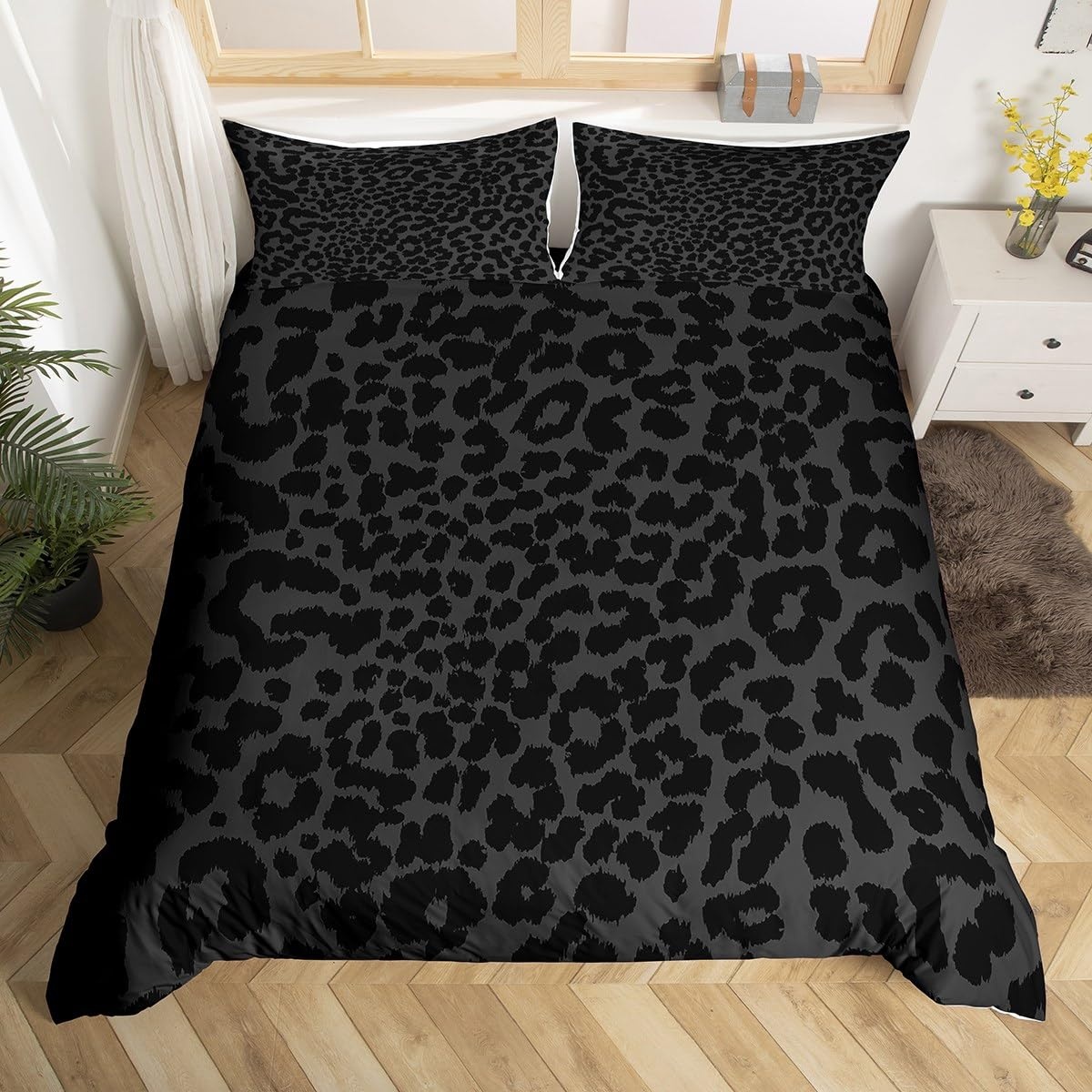 Leopard Print Bettbezug Set S Größe,abstrakte Geparden Haut Textur Bettwäsche Set,Kinder Mädchen Frau Zimmer Dekor,Rustikale Bauernhaus Retro Tröster Abdeckung,Schwarz Edle Quilt Cover,1 Kissenbezug