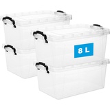 Centi 4er Set Aufbewahrungsbox mit Deckel und Griff, 8 Liter Stapelbare Plastikbox aus lebensmittelechtem Kunststoff, - transparent
