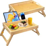 2 Stück Bambus Betttisch mit klappbaren Beinen & Griffen, Frühstückstablett mit Handy Tablet Halter, Faltbarer Holz Betttisch für Sofa Bett Servieren Essen Zeichnen Arbeiten Laptop