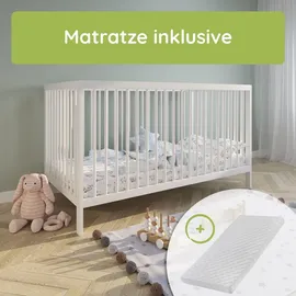 Kids Collective Babybett Kinderbett Gitterbett 60x120 und 70x140 cm mit Matratze höhenverstellbarer Lattenrost & herausnehmbare Sprossen stabiles ... | weiß