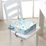 Surwin Rutschfeste Sitzerhöhung Stuhl Kind Sitzkissen Stuhl mit Sicherheits Schnalle, Sitzkissen Kinder Tragbare Sitzerhöhung Waschbar Zerlegbar Baby Sitzhilfe, Katzendruck (Blau,32x32x8cm)