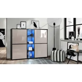 Vladon Highboard Cuba V3 (Highboard, mit 12 Fächern, inkl. RGB LED Beleuchtung), in Schwarz matt / Fronten in Sandgrau Hochglanz (130,5x105,5x35,5 cm) grau