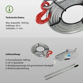 Trutzholm Seilzug 1600kg Greifzug Seilwinde Forstseilwinde 20m Seil