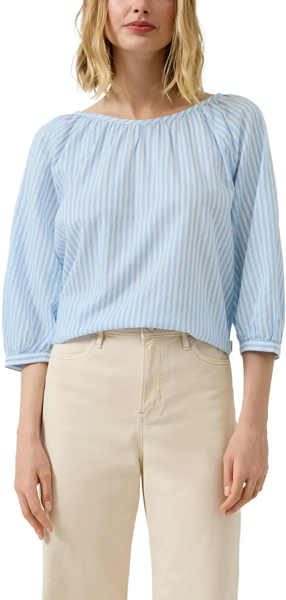Klassische Bluse S.OLIVER, Damen, Gr. 36, blau stripe, Web, Obermaterial: 50% Baumwolle, 50% Viskose, gestreift, relaxed fit normal, Rundhals, elastischer Bund, Blusen Bluse, mit Streifen Muster