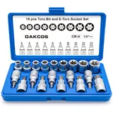 DAKCOS 19tlg Außen Torx Steckschlüssel Satz und Torx Bit Set 1/2" | E10-E24 Nuss | T20-T70 Bit | CR-V