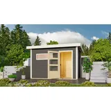 Karibu Saunahaus Außensauna Gartensauna Skrollan 1 terragrau lackiert ohne Zubehör 38mm Massivholz 336x196x228 cm mit Moderne Tür