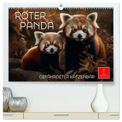 Roter Panda - gefährdeter Katzenbär (hochwertiger Premium Wandkalender 2025 DIN A2 quer), Kunstdruck in Hochglanz