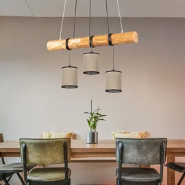 Spot-Light Hängelampe schwarz Pendelleuchte Esstisch Wohnzimmerlampe Landhaus, Hängeleuchte Holzbalken Höhenverstellbar, Stoff beige, 3x E27, Lxbxh 65x13x140cm