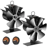 BlingBin Kaminventilator Ofenventilator Ohne Strom, Leiser Kamin Ventilator Kaminlüfter, Leiser Ofenventilator mit Thermometer für Holz/Holzofen/Kamin schwarz