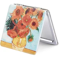 OMIRO 1X/3X Vergrößerungsspiegel, Einzigartige Malerei Kompaktspiegel mit Klassischem PU-Leder (Sonnenblumen)