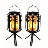 Solar LED Laterne Flammen Effekt 2er Set, USB & Solar wiederaufladbar, 4 Modi Garten Laterne wasserdicht IPX4 für Terrasse & Outdoor Deko