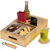 Relaxdays Couchbar, Bambus, Edelstahlschale für Snacks, Getränke- & Weinglashalter,