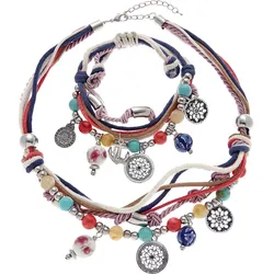 Schmuckset LASCANA "Bettlerarmband und Halsketten Set", bunt (blau, rot, weiß, rot, weiß), Schmuck-Sets, Baumwolle, Metall, bunt, Armband Halskette Schmuckset, Mit vielen kleinen Anhängern