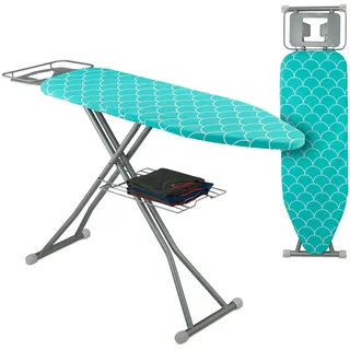 Relaxdays Bügelbrett für Dampfbügeleisen, 122 x 39,5 cm, höhenverstellbar, klappbar, Ablage, Bügeltisch, türkis/silber
