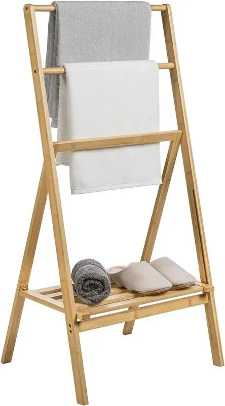 MyGift 43 Zoll freistehender, klappbarer Bambus-Handtuchständer mit Ablage, braun