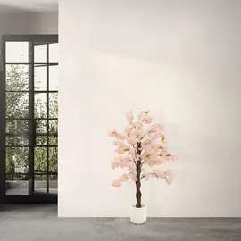 ML-Design Künstlicher Kirschblütenbaum 120 cm Rosa, mit Naturholzstamm im Topf für Innen & Zubehör, Kunstpflanzen
