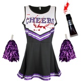 Zombie-Cheerleader-Kostüm mit Blutröhrchen, Tot-Cheerleader-Outfit für Damen oder Kinder, Mädchen, Halloween, Schwarz, Lila, XS - XS