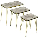 [en.casa] Beistelltisch-Set Rudkøbing Satztisch 3er Set weiße Marmor-Optik Wohnzimmertisch mit eckiger Tischplatte Hairpinlegs Metall Goldfarben Sofatisch