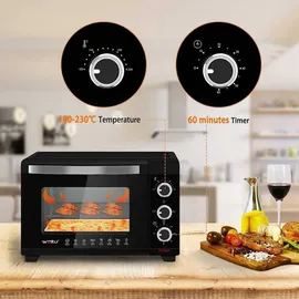 Woltu Mini Backofen 21 L, elektrischer Minibackofen, Miniofen, Pizzaofen, 1280 W, 100-230 °C, Timer 60 Min., Ober-/Unterhitze, Doppelverglasung, Schwarz