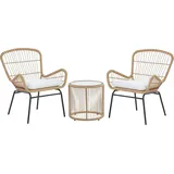 Beliani Balkonset Hellbraun Rattan Stahl Sicherheitsglas 2 Stühle Beistellstisch mit Auflagen Balkon Terrasse Garten - Beige/Schwarz